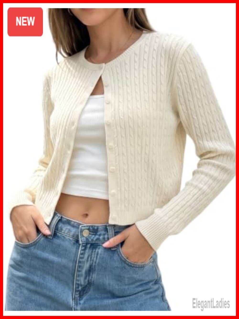 BOUGUER Women's Cropped Cardigan Sweater Cotton Cable Knit Lightweight